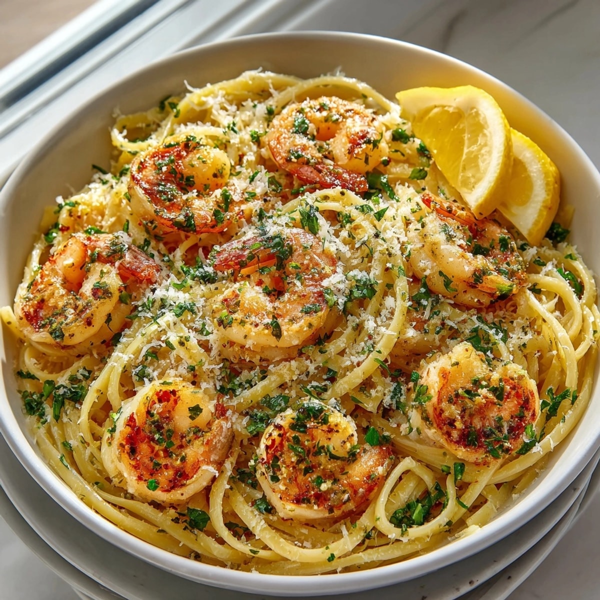 Creamy garlic butter shrimp pasta with fresh herbs served on a plate, steam rising invitingly.