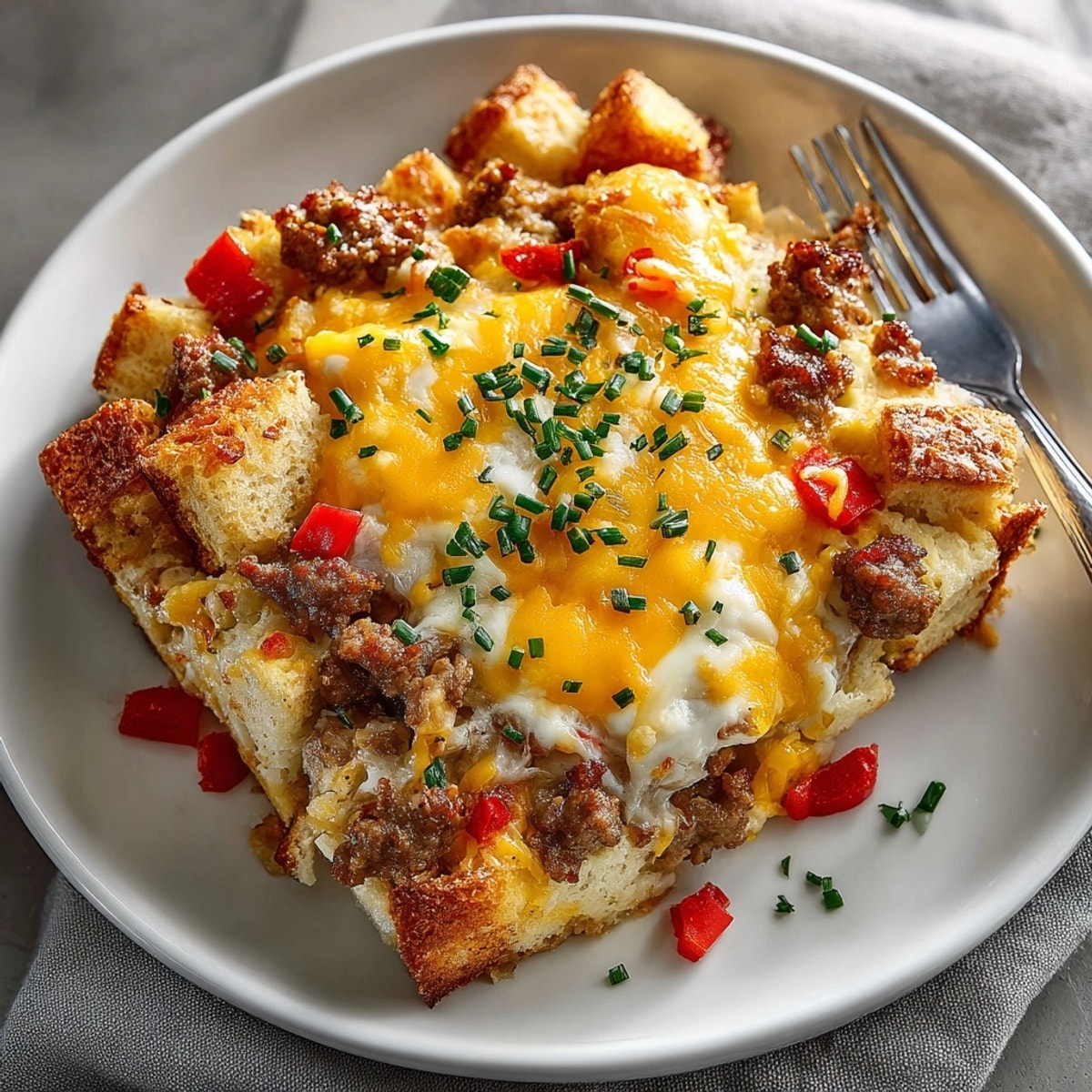 Sliced breakfast casserole with sausage and cheddar cheese, showing fluffy eggs and crisp bread edges.