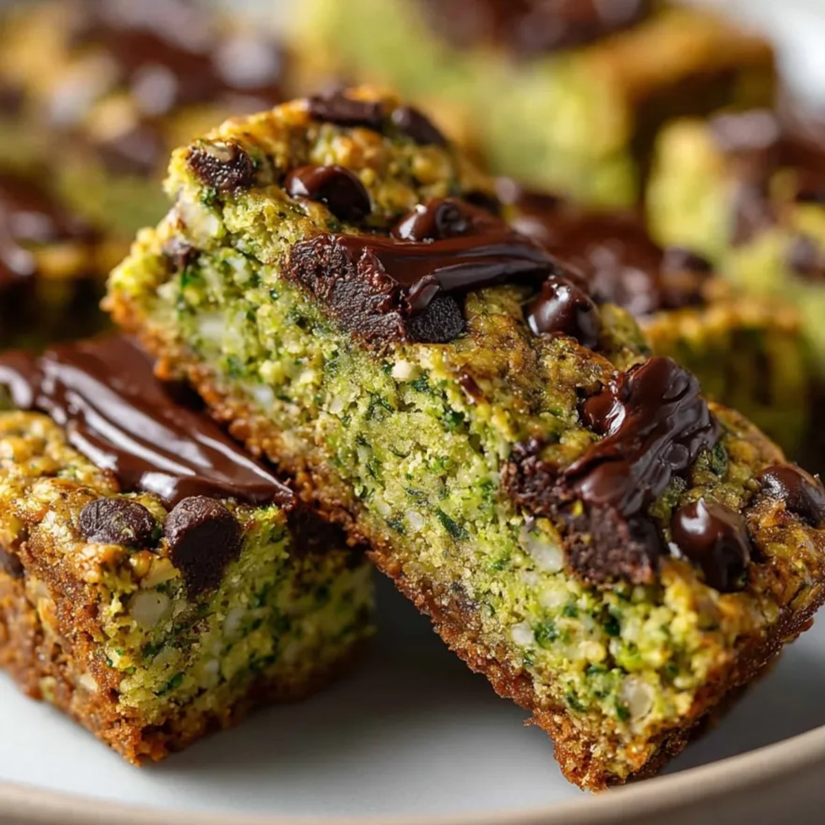 Avocado Chocolate Chip Energy Bars stacked on a rustic plate, showing chewy texture with melty chocolate chips.