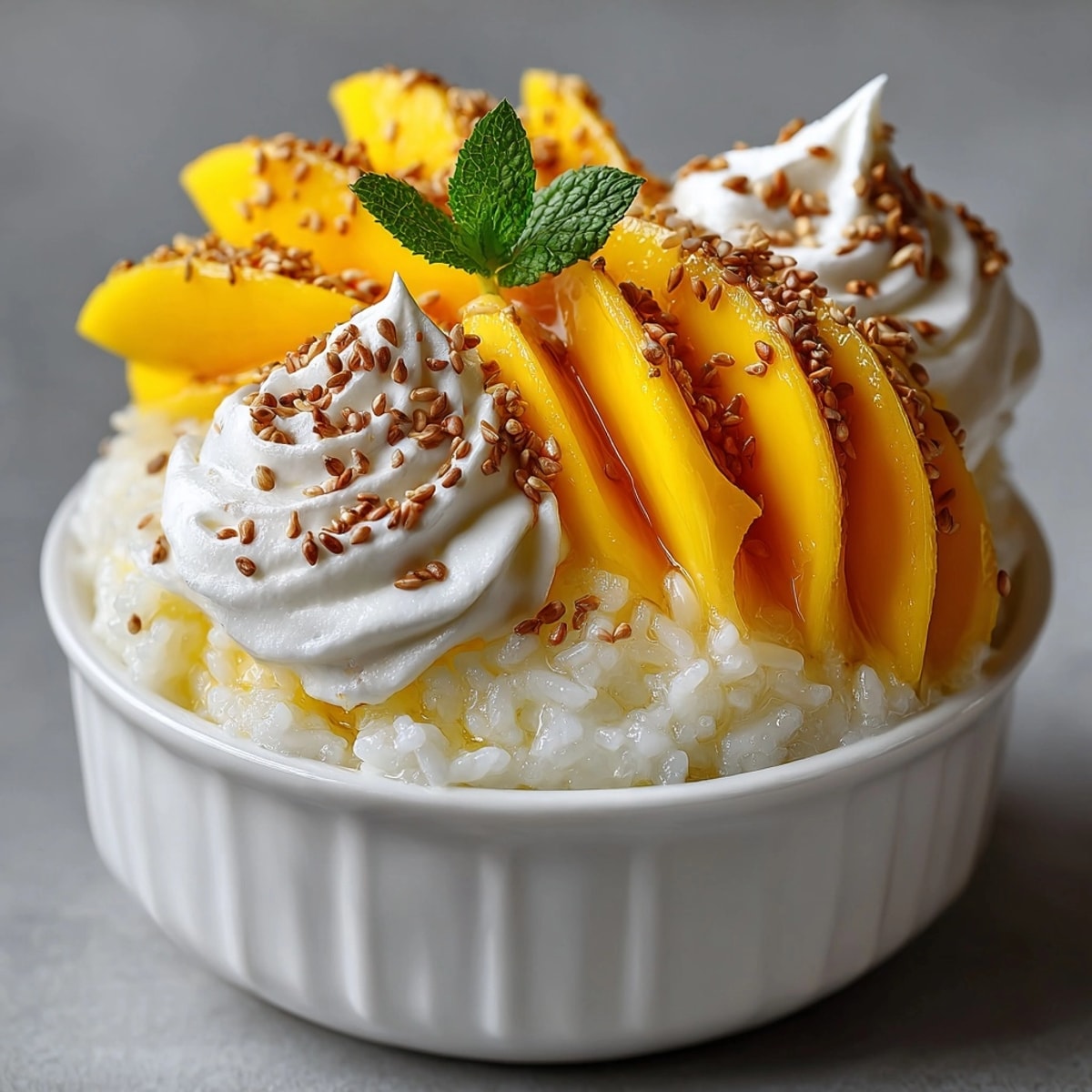 Thai Mango Sticky Rice Cups served in clear dessert bowls, topped with glistening coconut cream and fresh mint.
