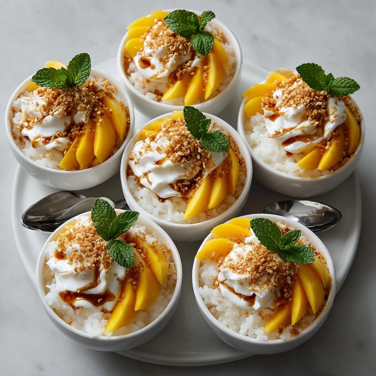 Elegant Thai Mango Sticky Rice Cups garnished with sesame seeds, perfect for summer entertaining or a sweet treat.