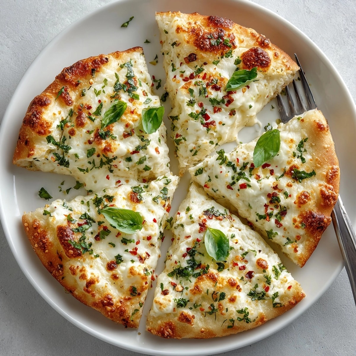 Crispy Garlic Butter Alfredo Flatbread topped with creamy sauce, bubbling cheese, and vibrant parsley