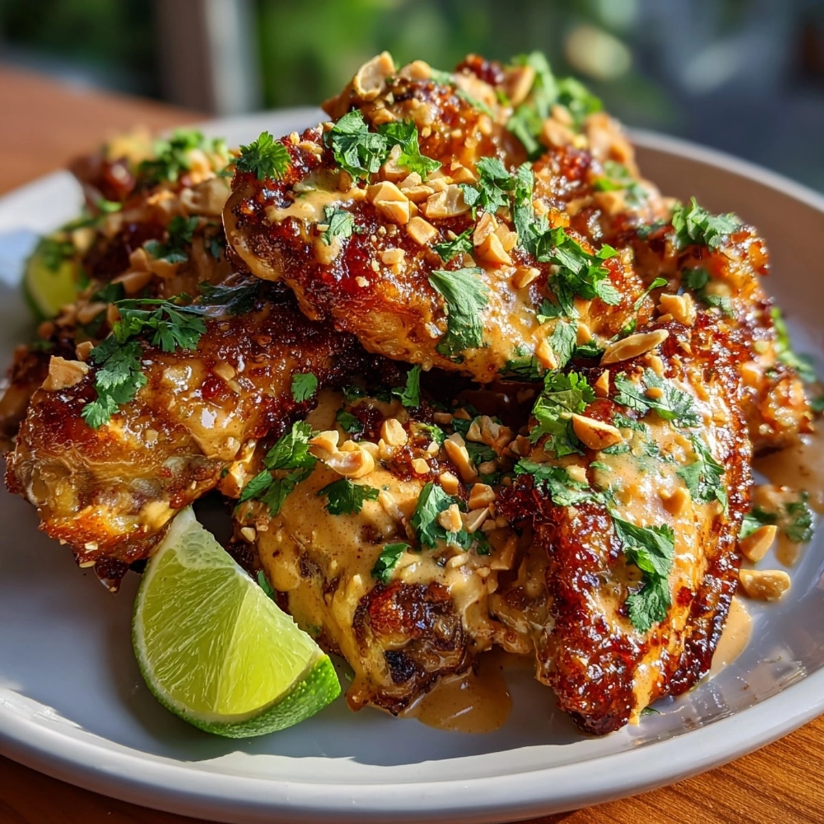 Golden peanut butter Sriracha chicken wings glistening with spicy, creamy glaze, garnished with fresh cilantro.