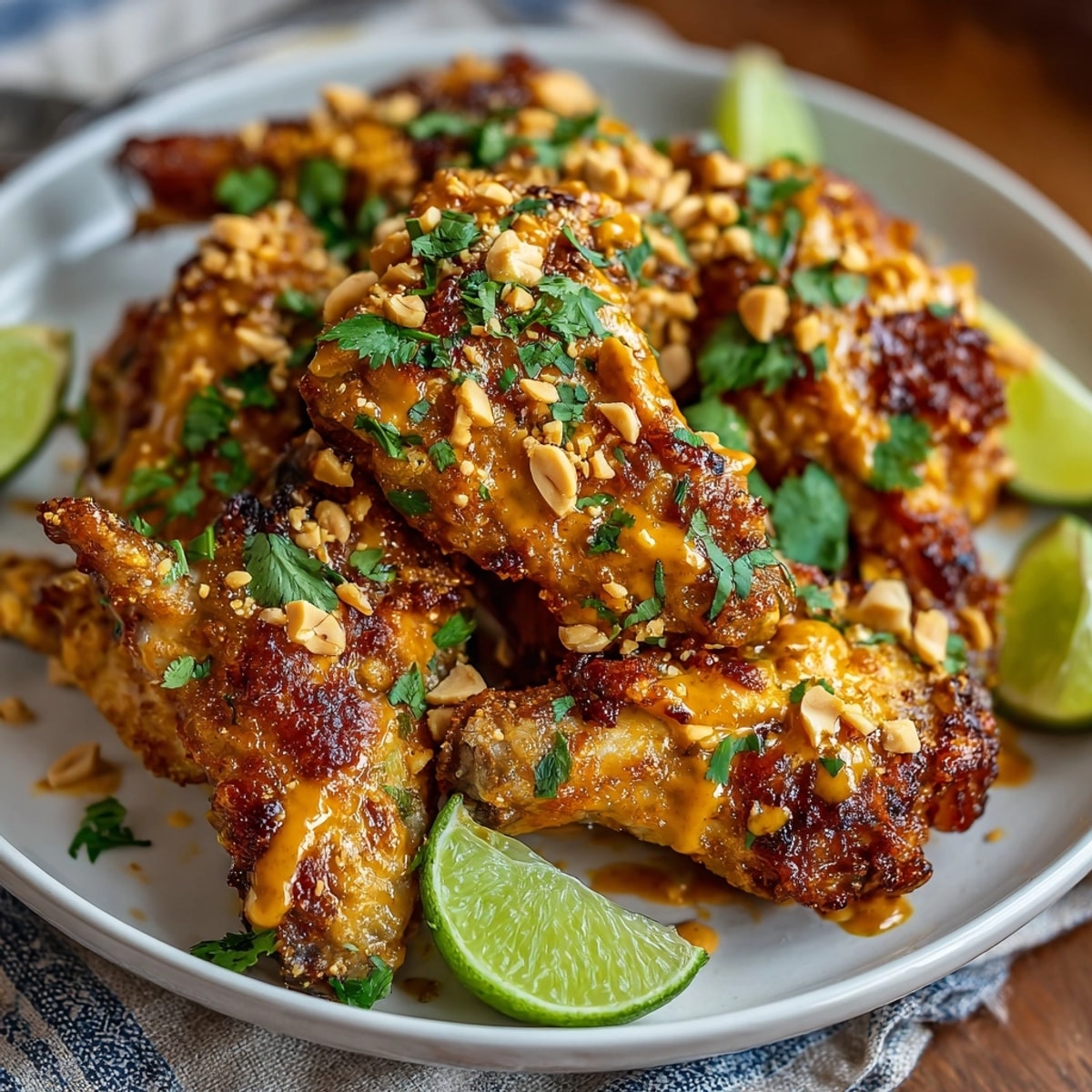 Baked peanut butter Sriracha chicken wings served hot with chopped peanuts and lime wedges for game day.
