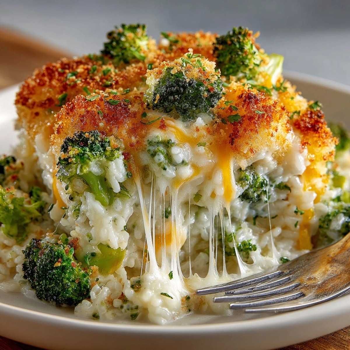Cheesy Broccoli Rice Casserole fresh from the oven, bubbly with golden, melted cheddar cheese.