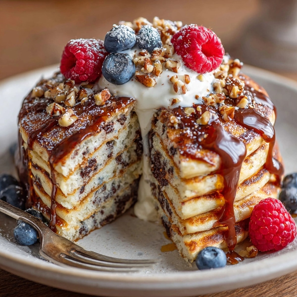 Stack of chocolate hazelnut protein pancakes topped with toasted nuts and fresh berries on a breakfast table