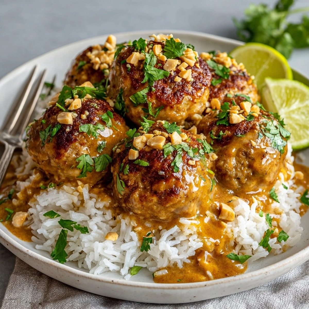 Thai Peanut Chicken Meatballs covered in creamy peanut sauce, garnished with cilantro and lime wedges.