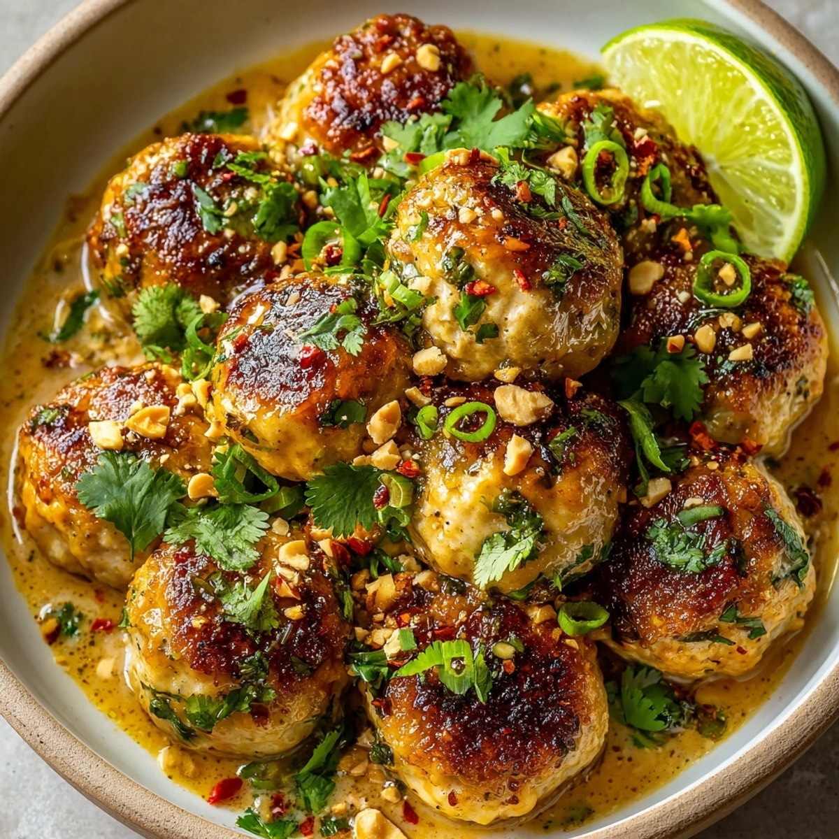 Juicy Thai Peanut Chicken Meatballs served atop jasmine rice, sprinkled with crushed peanuts.