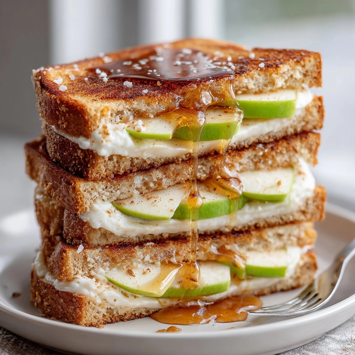 Sliced Cinnamon Apple Grilled Cheese showing crisp apples and oozing cheese, hot from the skillet.