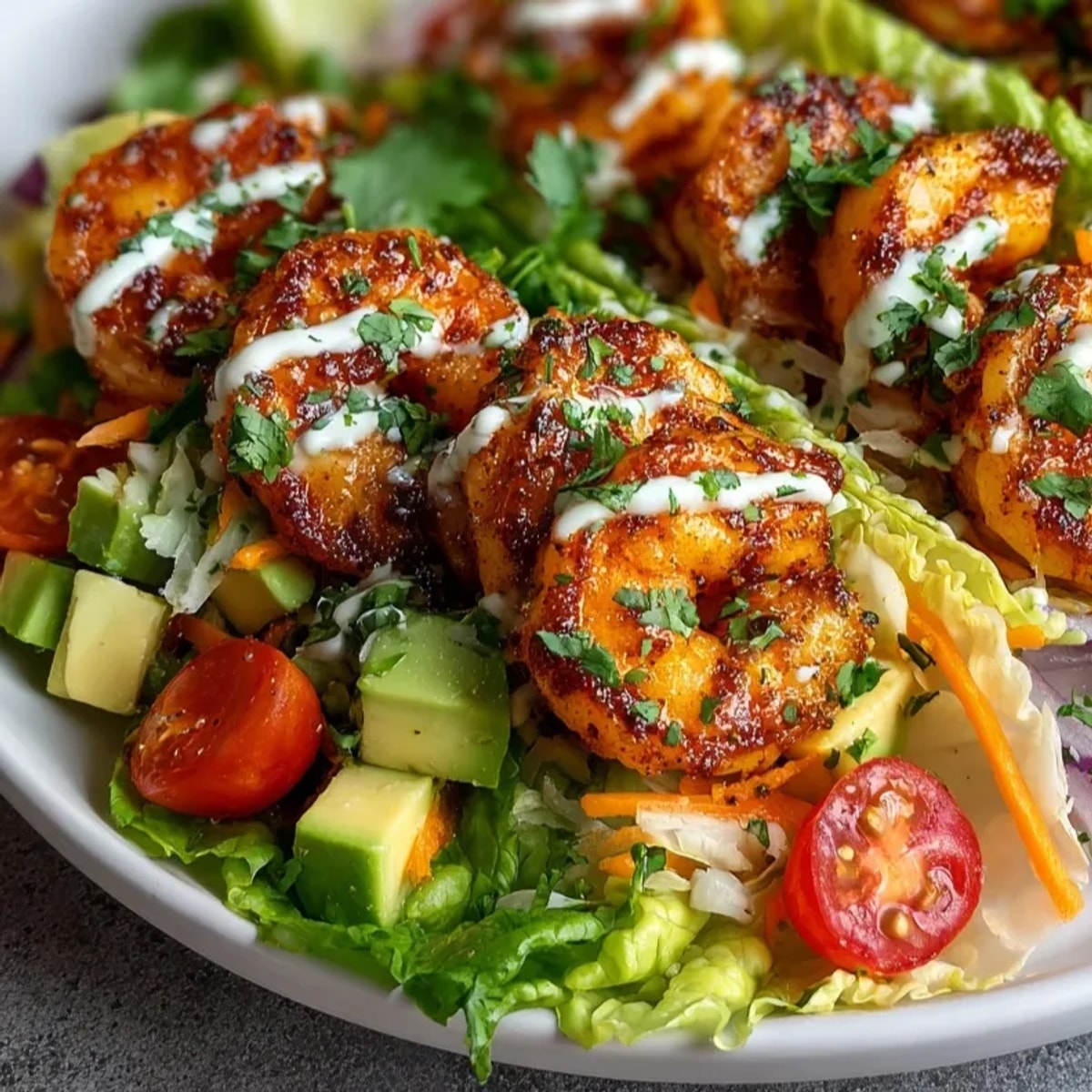 Shrimp and Avocado Lettuce Wraps piled high with fresh veggies and creamy dressing.