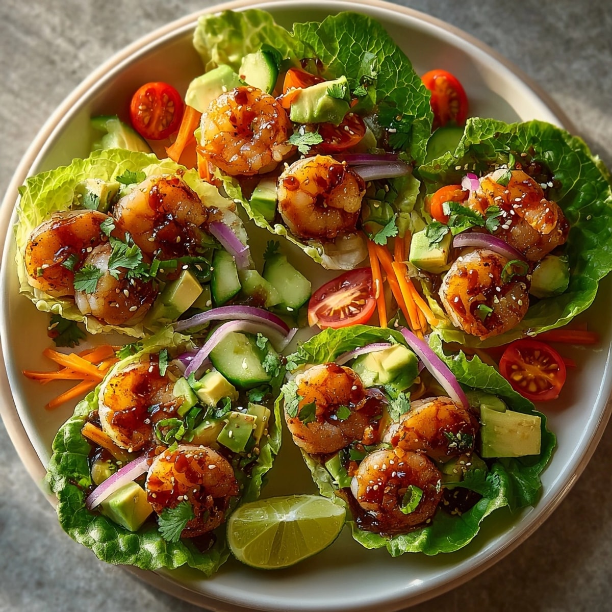 Crispy lettuce filled with shrimp and avocado, perfect Shrimp and Avocado Lettuce Wraps appetizer.