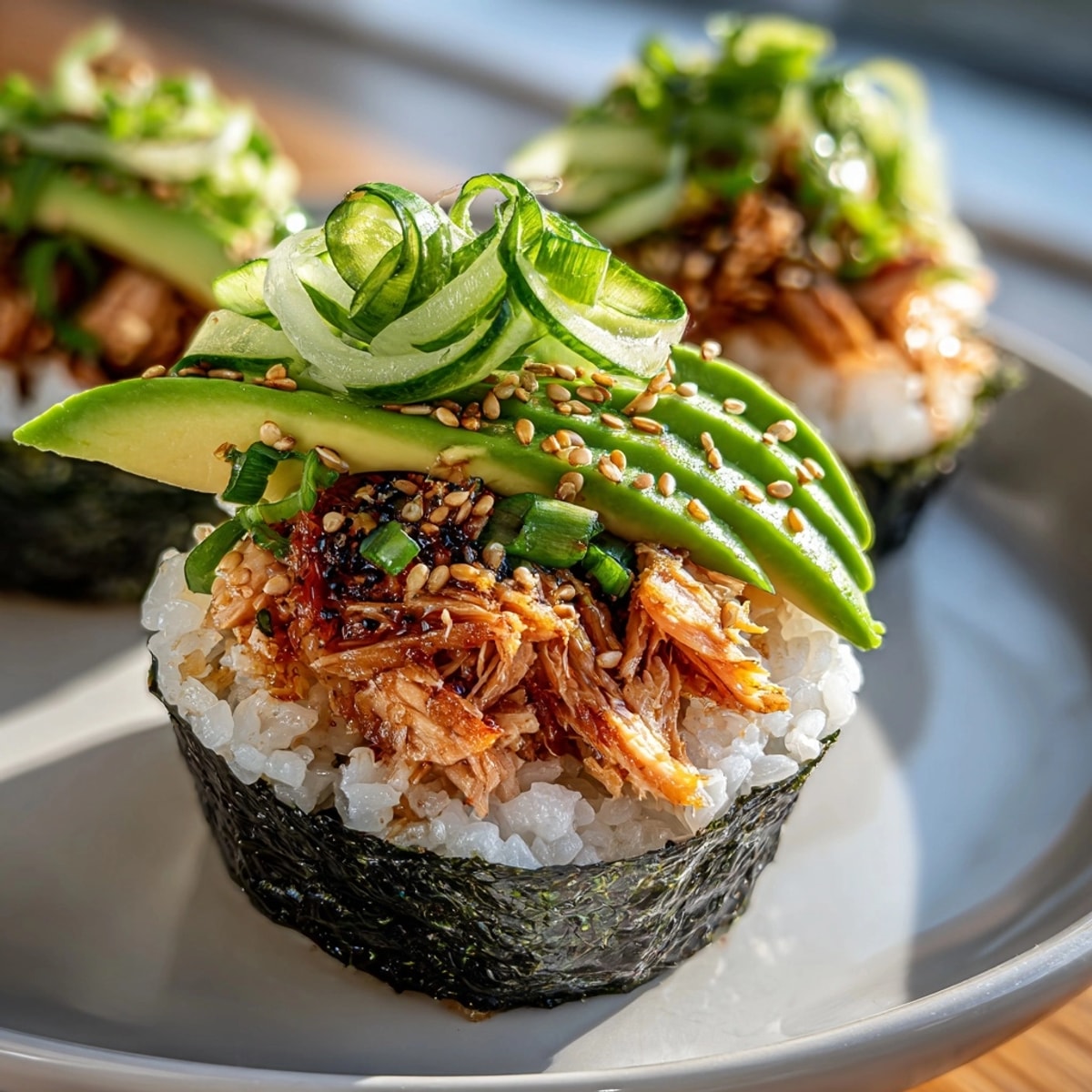 Muffin Tin Sushi Cups with flaky salmon, creamy avocado, and crisp nori, fresh from the oven