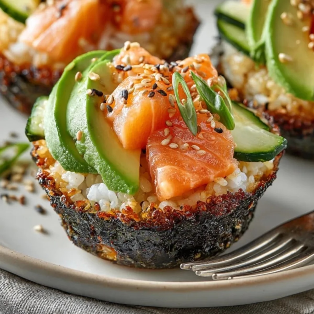 Golden-baked Muffin Tin Sushi Cups served on a platter, topped with sesame seeds and cucumber