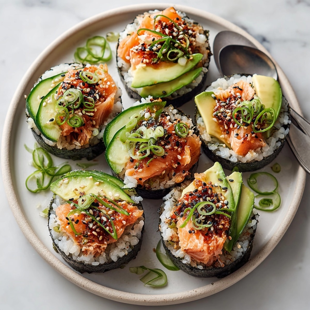Close-up of savory Muffin Tin Sushi Cups, sushi rice and salmon nestled in crunchy seaweed wraps