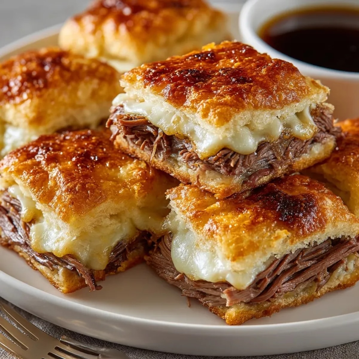 Golden-baked French Dip Squares with melted Swiss cheese, served hot beside savory au jus.