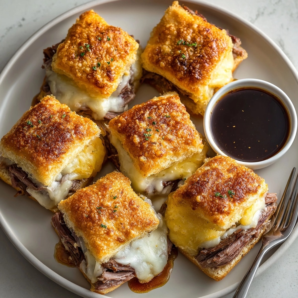 Close-up of flaky crescent roll French Dip Squares paired with rich beef broth for dipping.