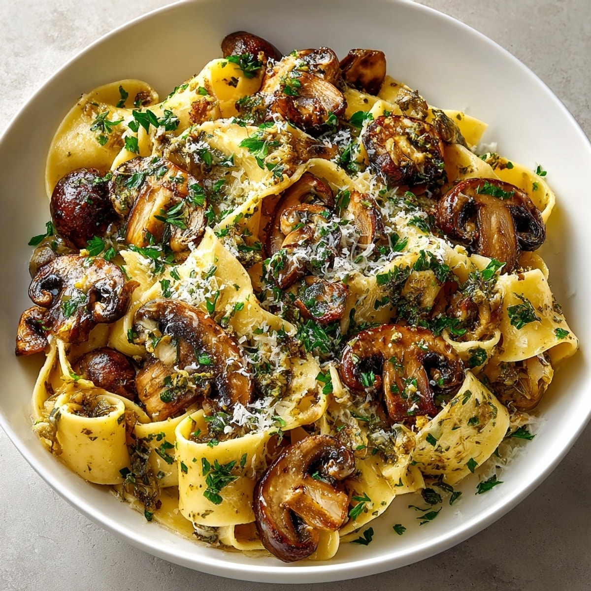 Close-up of caramelized wild mushroom pappardelle pasta, creamy sauce glistening, sprinkled with fresh parsley.