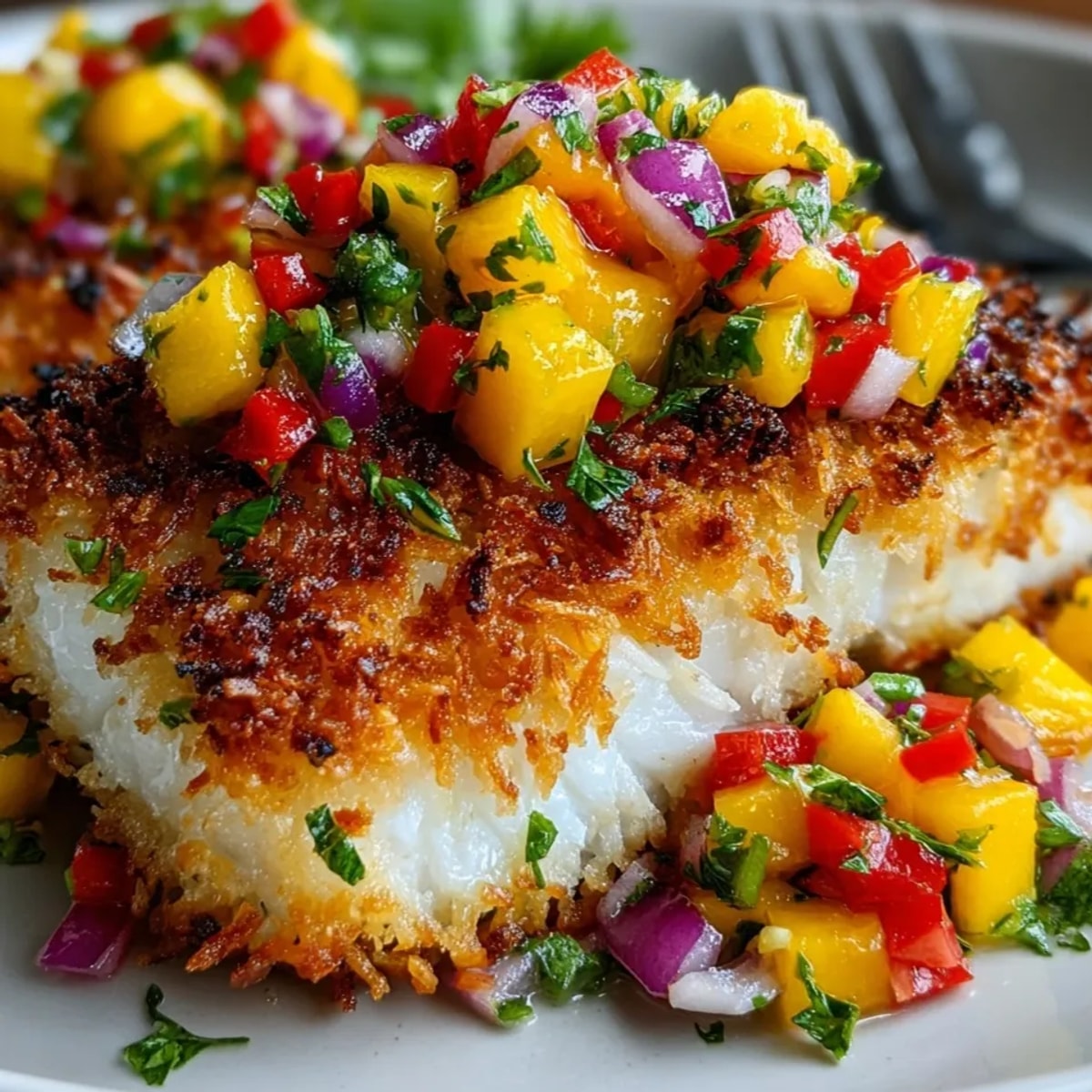 Coconut crusted fish with mango salsa plated with vibrant colors and crispy golden edges.