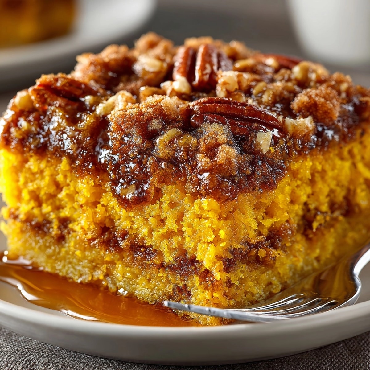 Golden-baked pecan pie dump cake cooling in a dish, topped with crunchy pecans.