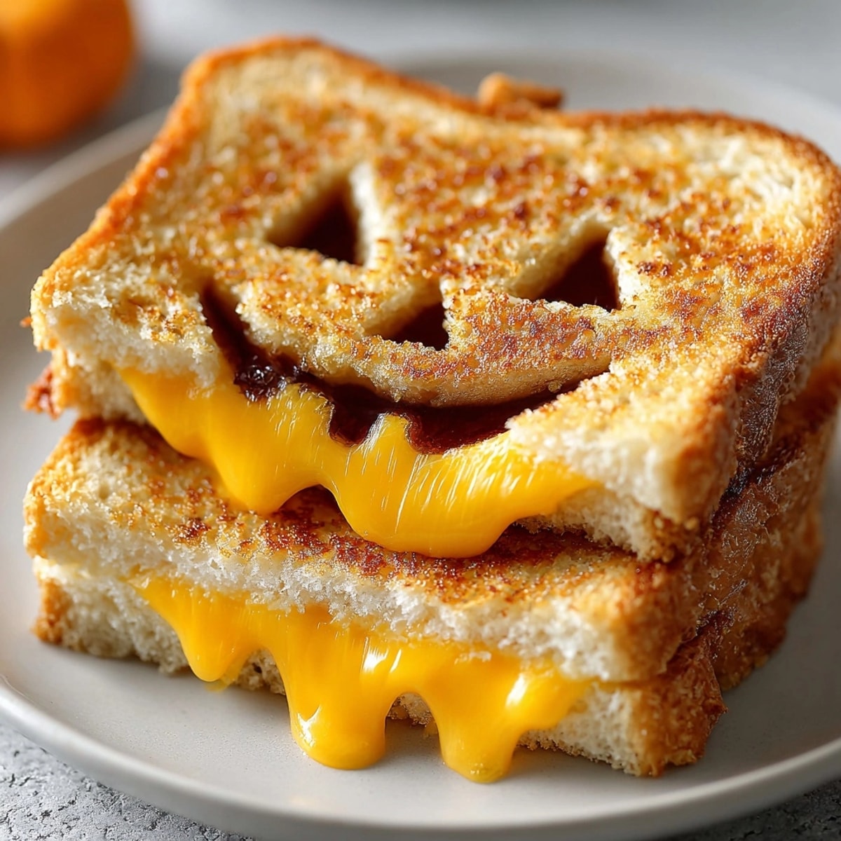 Golden Jack-o'-Lantern Grilled Cheese Sandwiches: melty cheddar peek-a-booing from spooky cutouts.