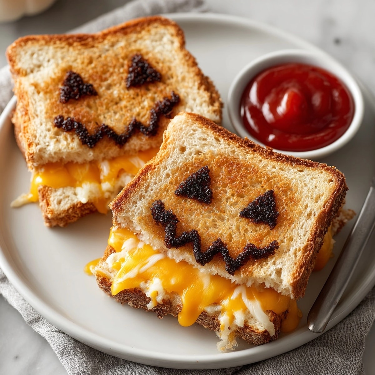 Crispy Jack-o&apos;-Lantern Grilled Cheese Sandwiches, a Halloween treat oozing warm, tangy deliciousness.
