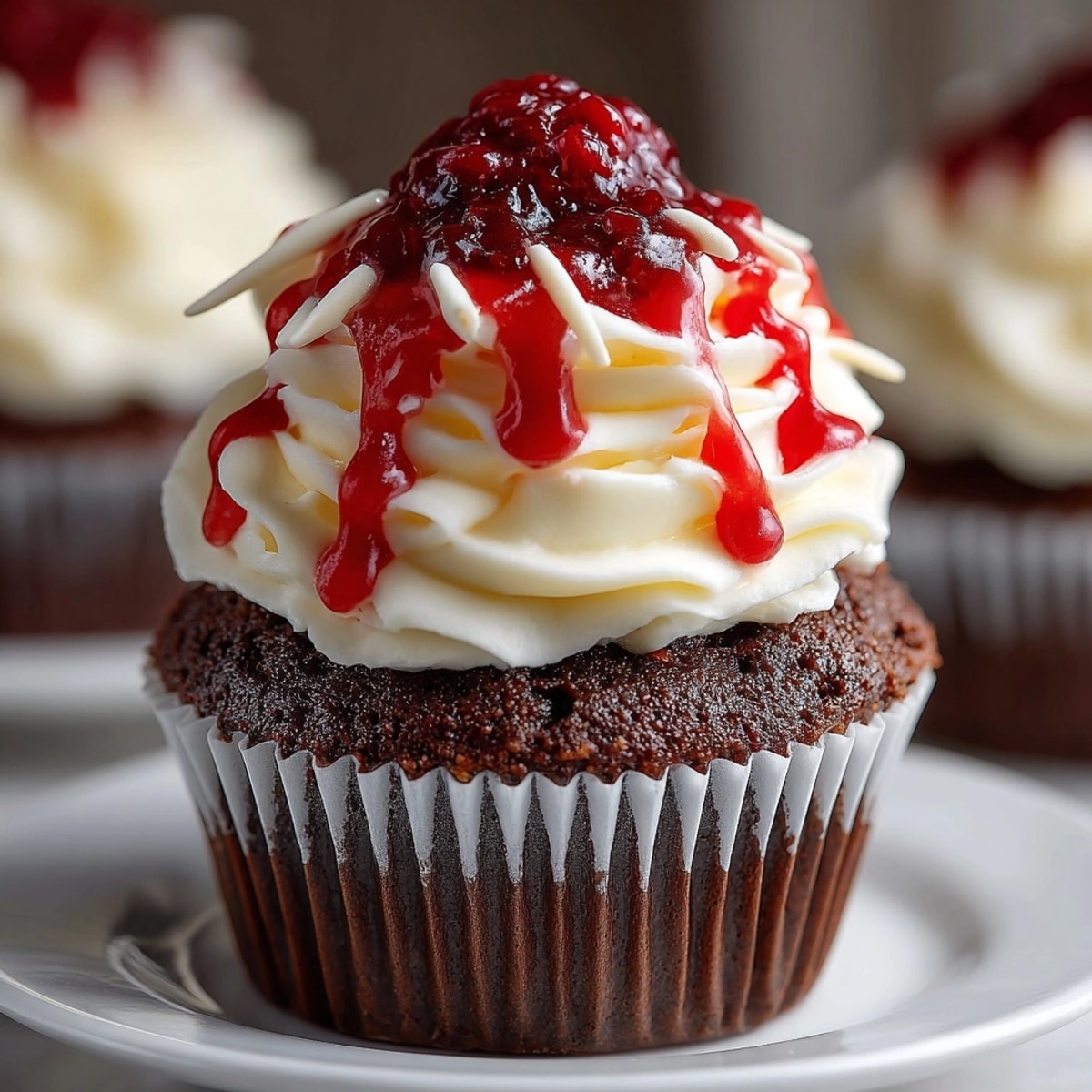 Rich Bloody Vampire Bite Cupcakes, a Halloween treat oozing raspberry "blood" filling.