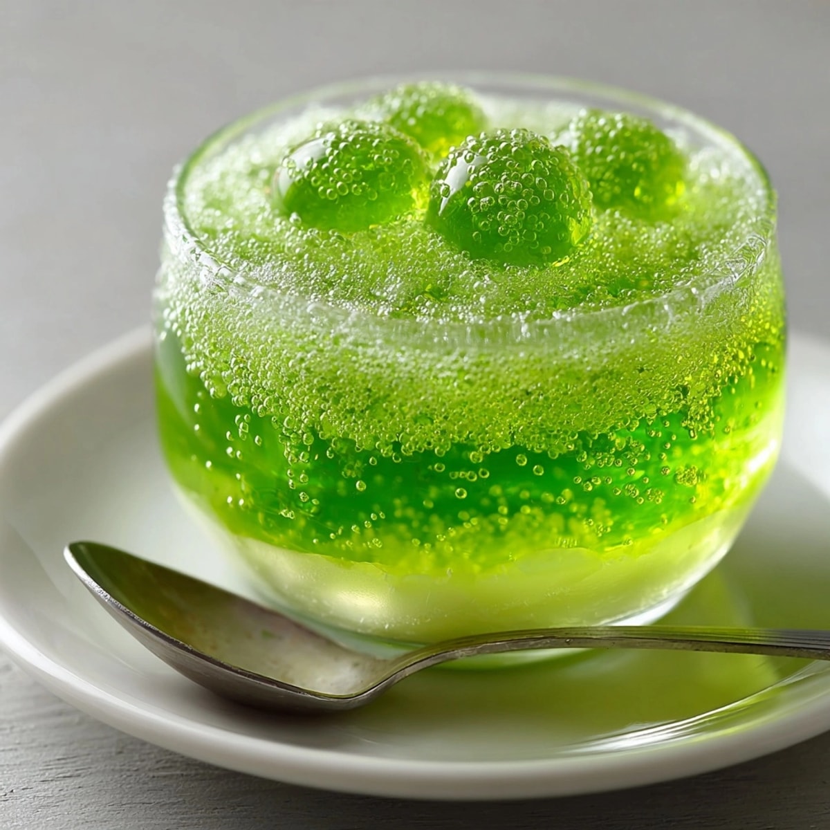 A close-up shot of neon-green Ectoplasm Slime Jello Cups, spooky Halloween dessert.