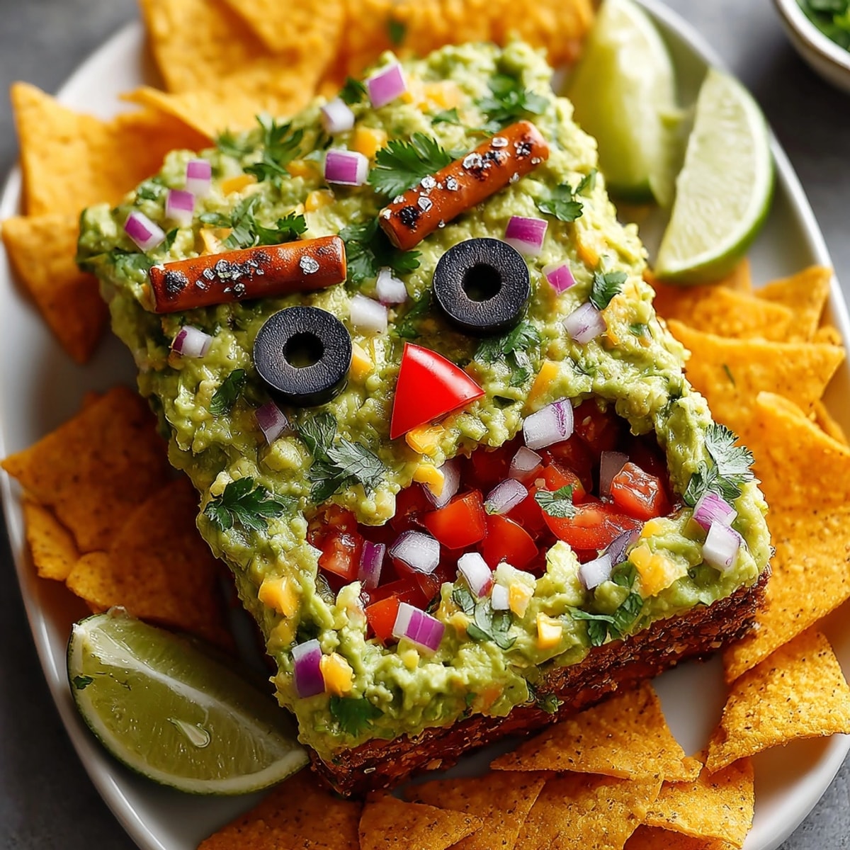 Spooky Frankenstein Guacamole: creamy avocados, spicy jalapeño, and salty chips create a festive Halloween treat.