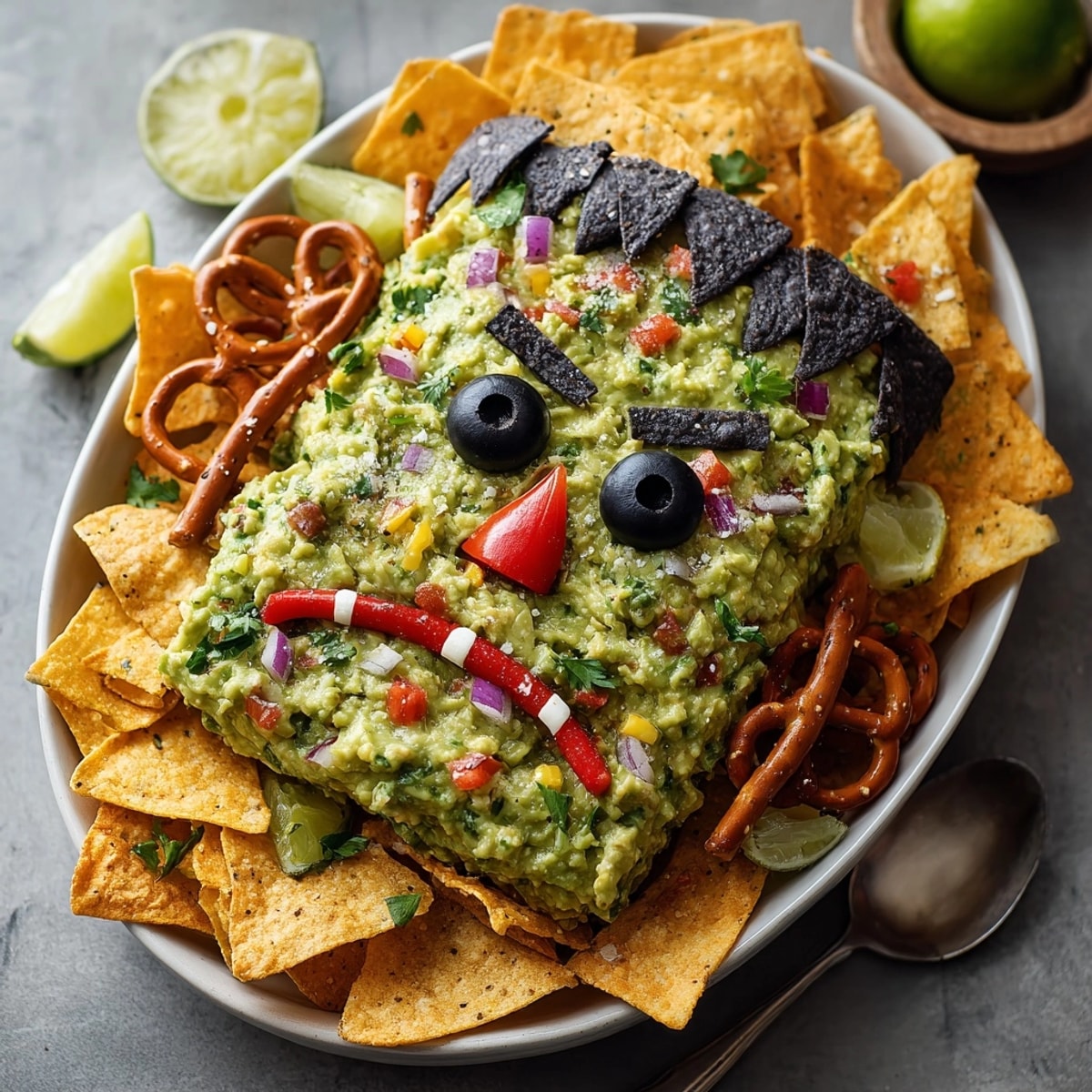 Festive Frankenstein Guacamole appetizer, artfully decorated with olive eyes and blue tortilla chip eyebrows.