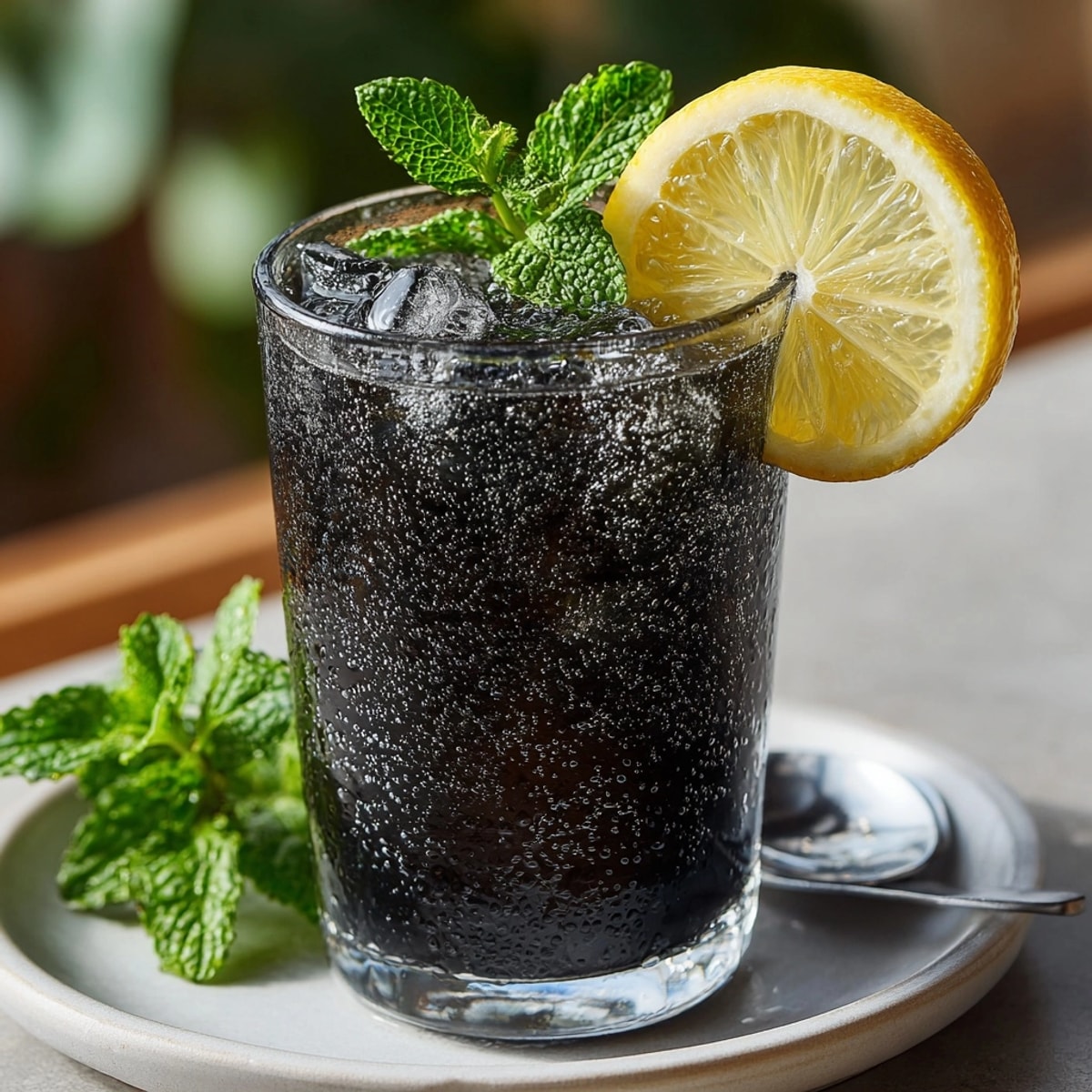 Icy glass of homemade Charcoal Lemonade: jet-black drink with bright lemon slice garnish.