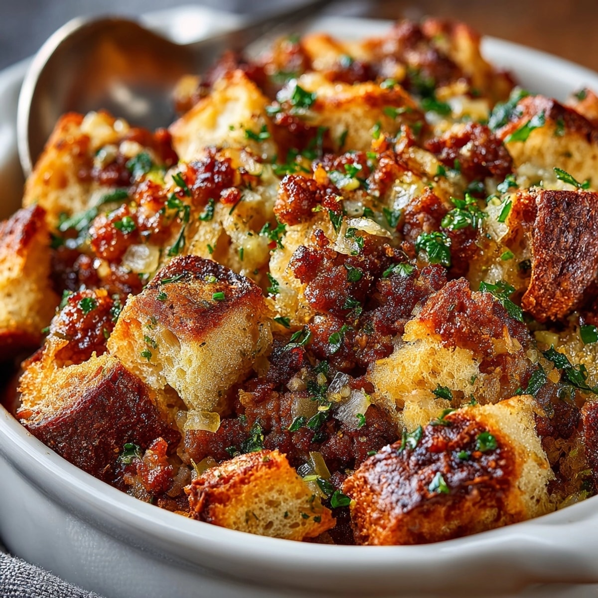 Golden-brown Sourdough Apple-Sausage Stuffing Bake with crispy edges, ready for Thanksgiving dinner.
