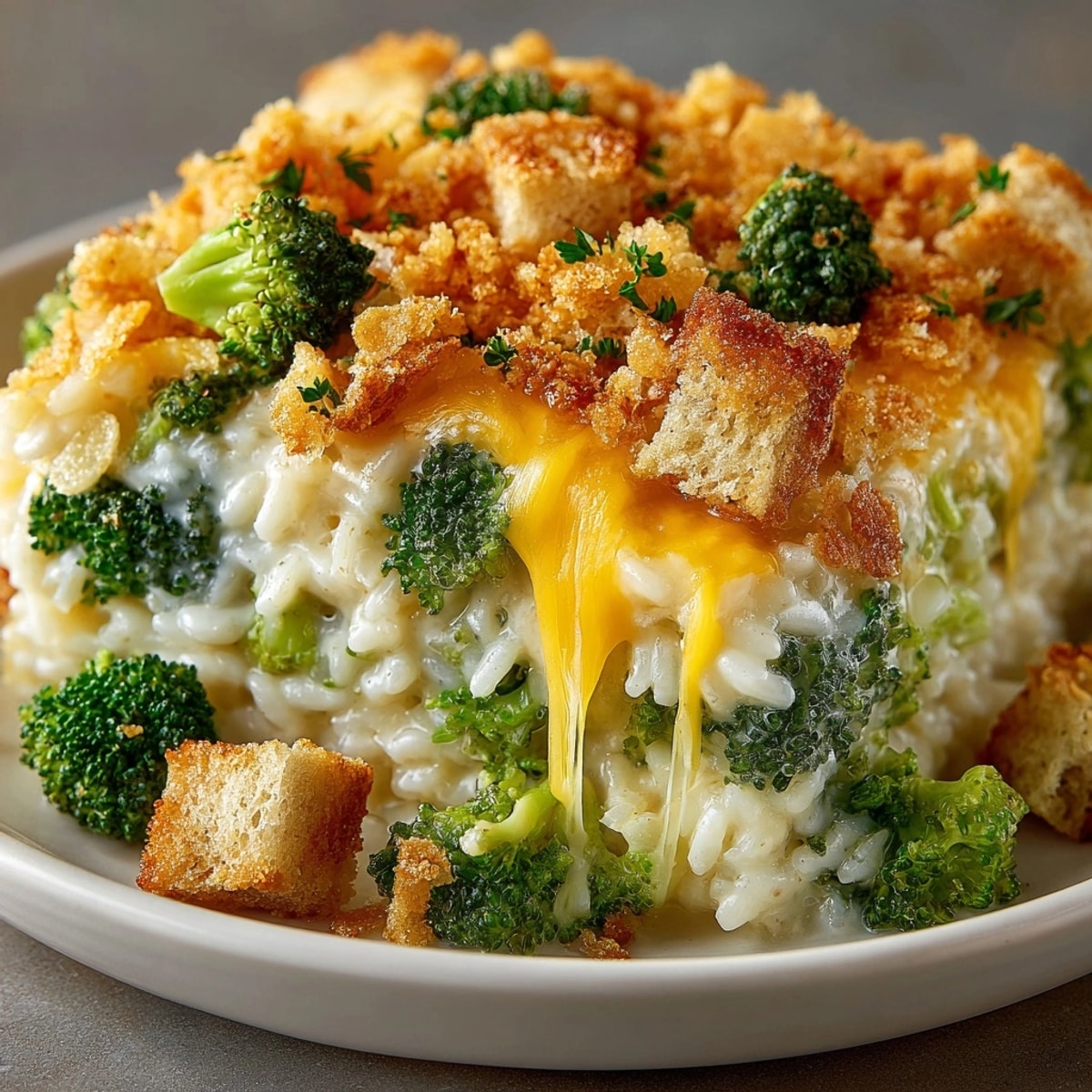Golden Cheesy Broccoli Rice Casserole with Ritz Cracker Topping, fresh from a hot oven.