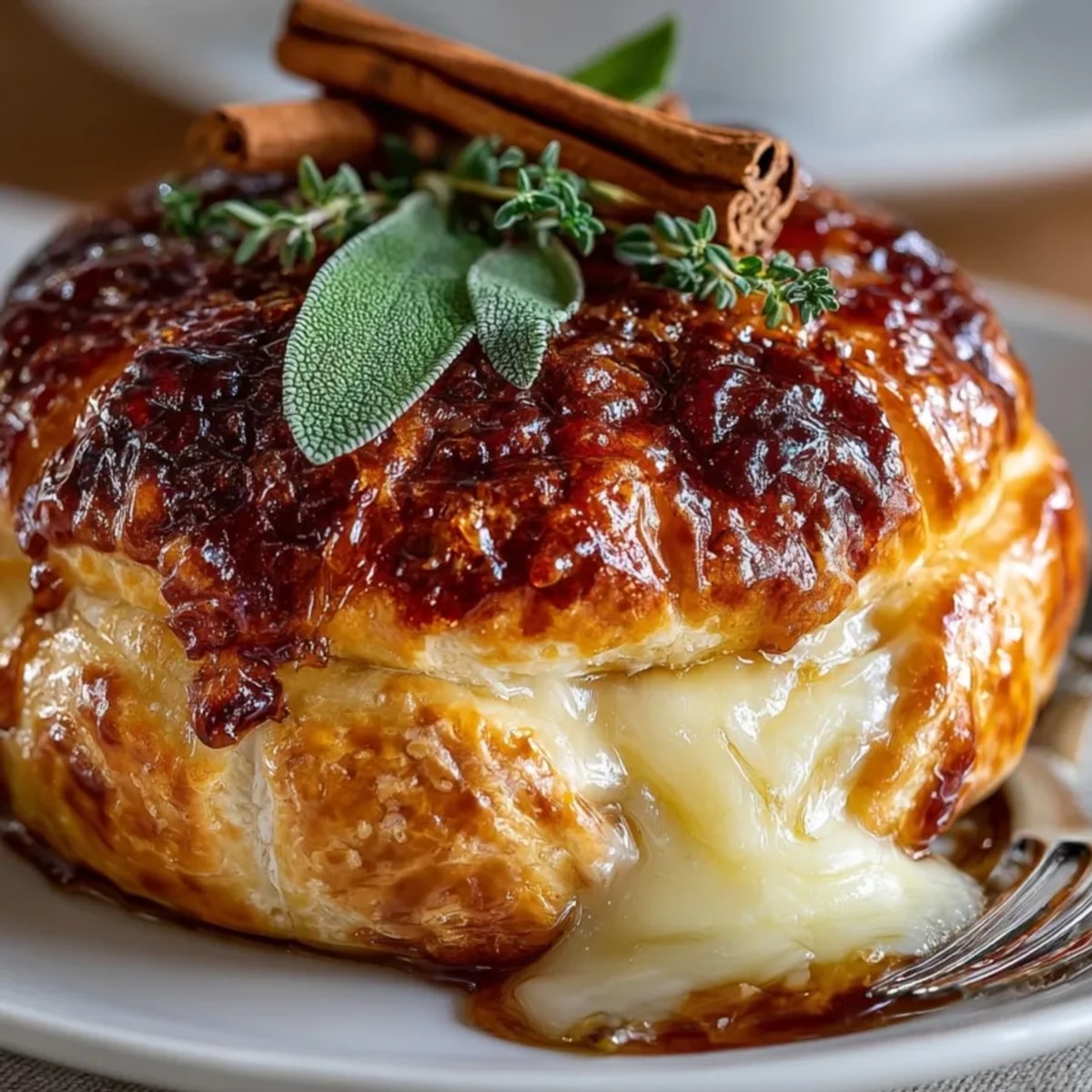 Golden Pumpkin-Shaped Baked Brie in Puff Pastry; gooey cheese oozing, ready to serve.