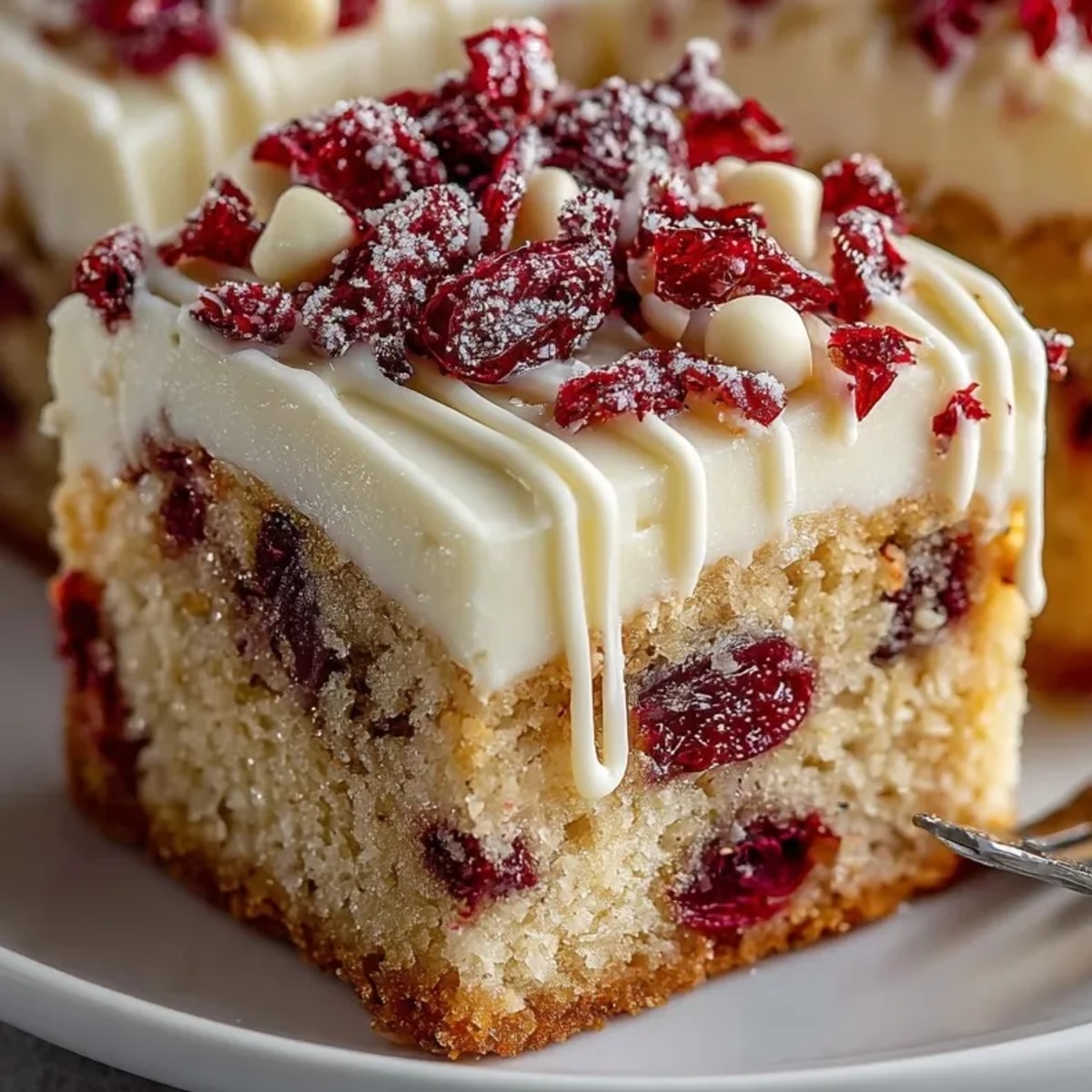 Golden Cranberry Bliss Bars, studded with white chocolate, fresh from oven, ready to slice.