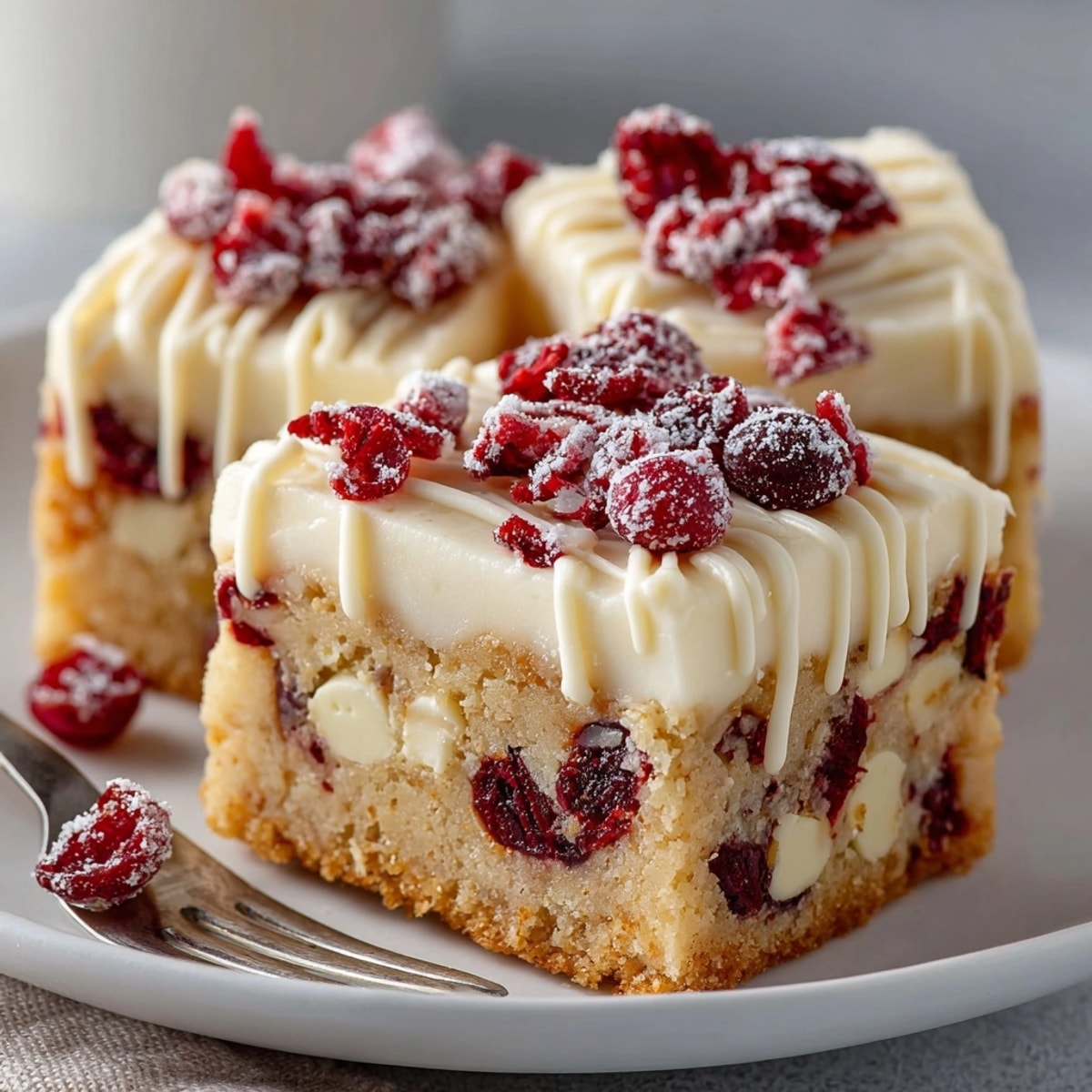 Close-up of frosted Cranberry Bliss Bars, revealing layers of moist blondie and tangy sweetness.