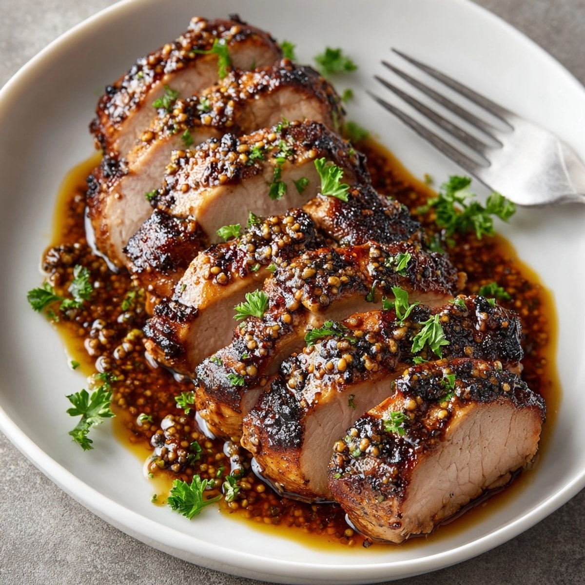 Close-up of juicy Maple Mustard Glazed Pork Tenderloin slices, glistening with sweet, tangy glaze.