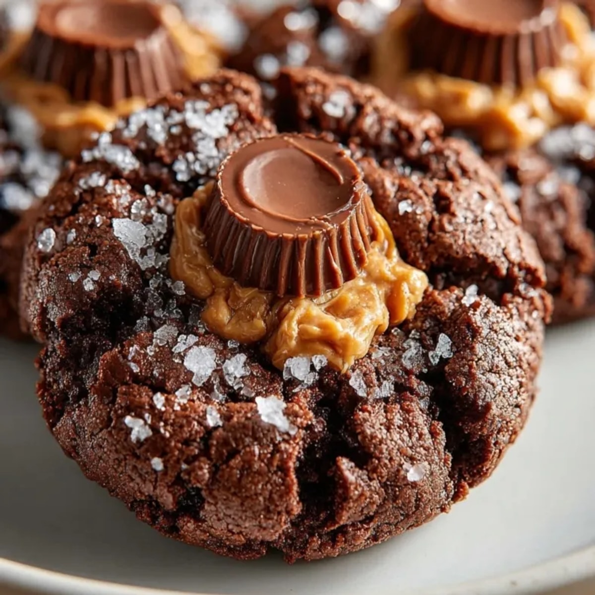 Warm, fudgy Brownie Mix Blossom Cookies fresh from the oven, topped with peanut butter cups.