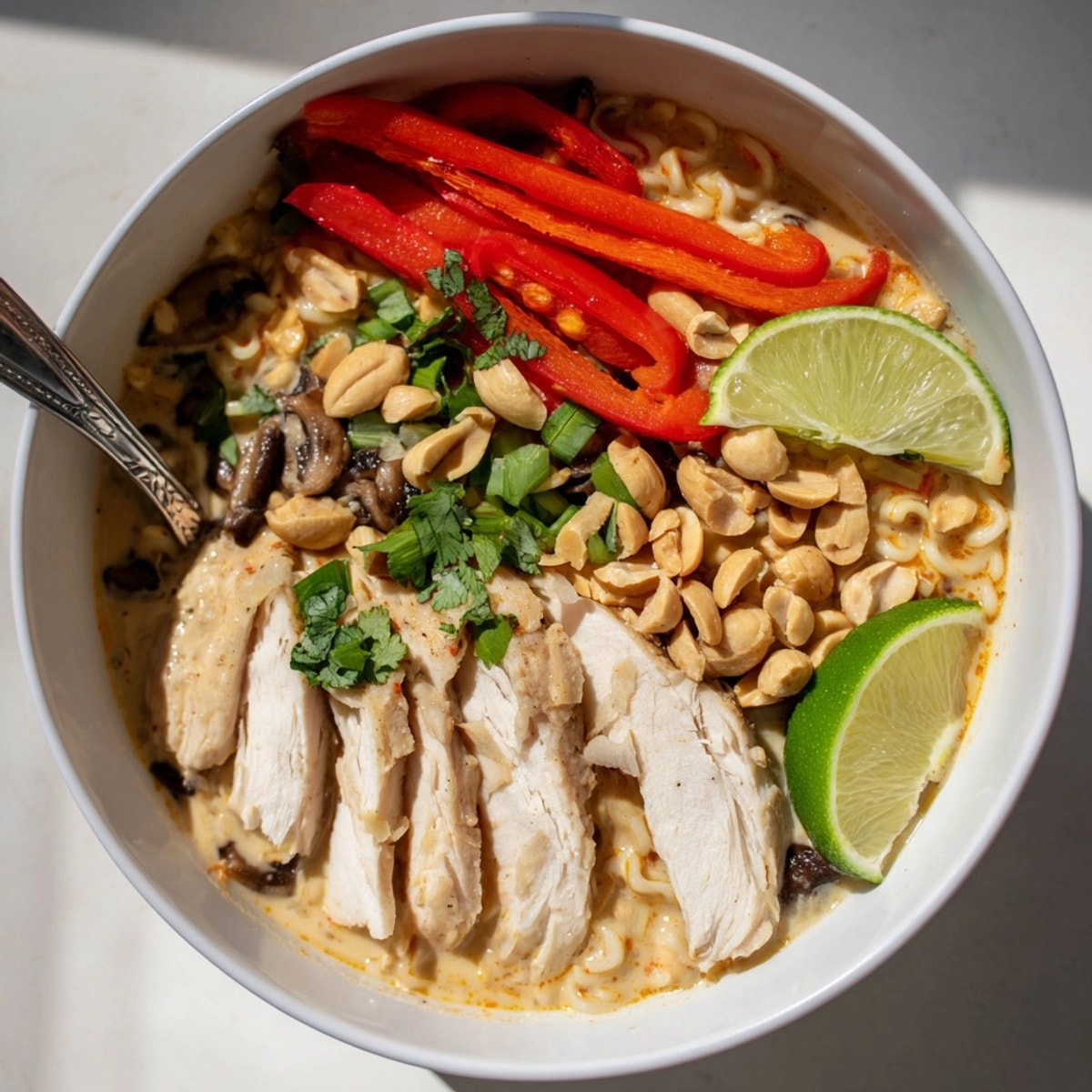 Creamy Thai Peanut Chicken Ramen in a bowl, garnished with cilantro and peanuts.