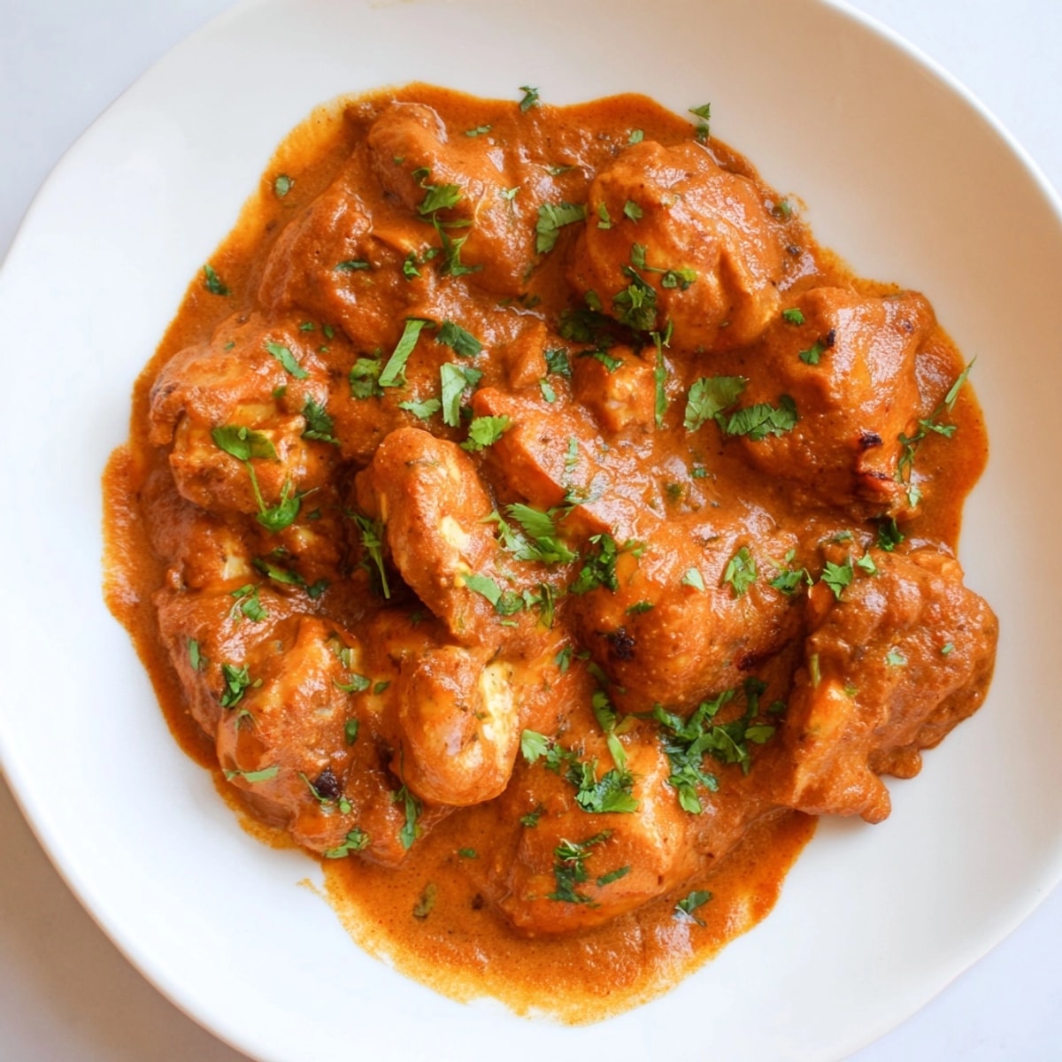 Close-up shows creamy, vibrant 30-Minute Spicy Indian Butter Chicken, fragrant cilantro garnish.