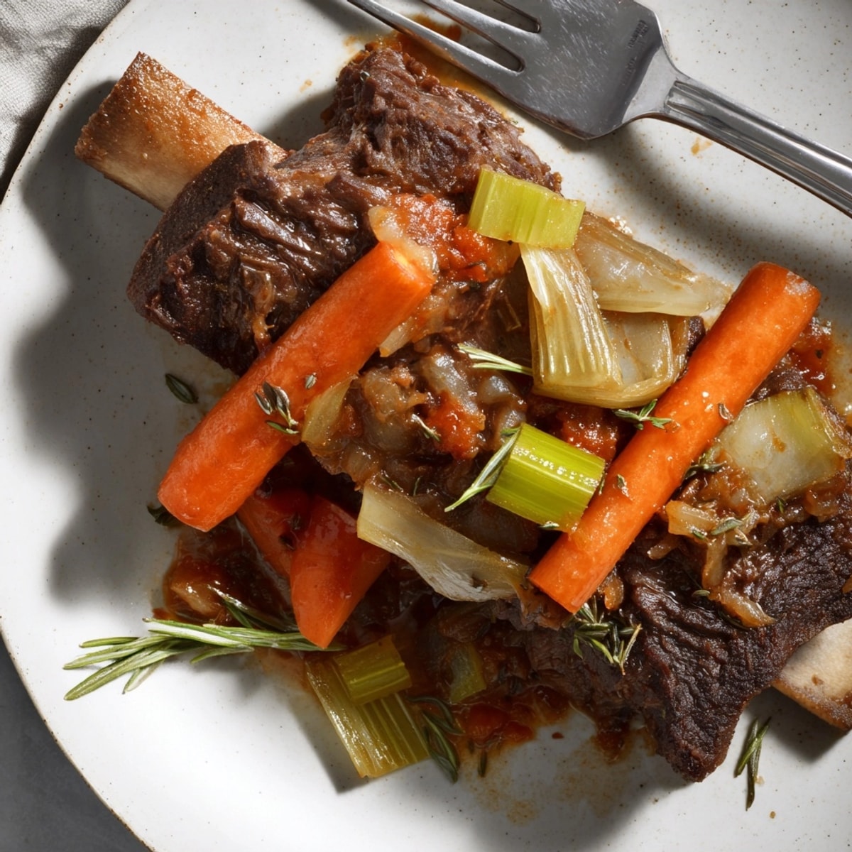 Close-up of glistening Cider Braised Short Ribs, fork-tender meat falling off the bone.