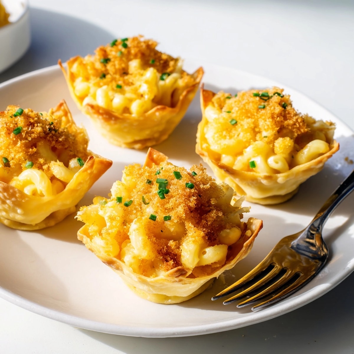 Creamy Mac and Cheese Crispy Wonton Cups, warm, cheesy mac filling baked in crispy shells.