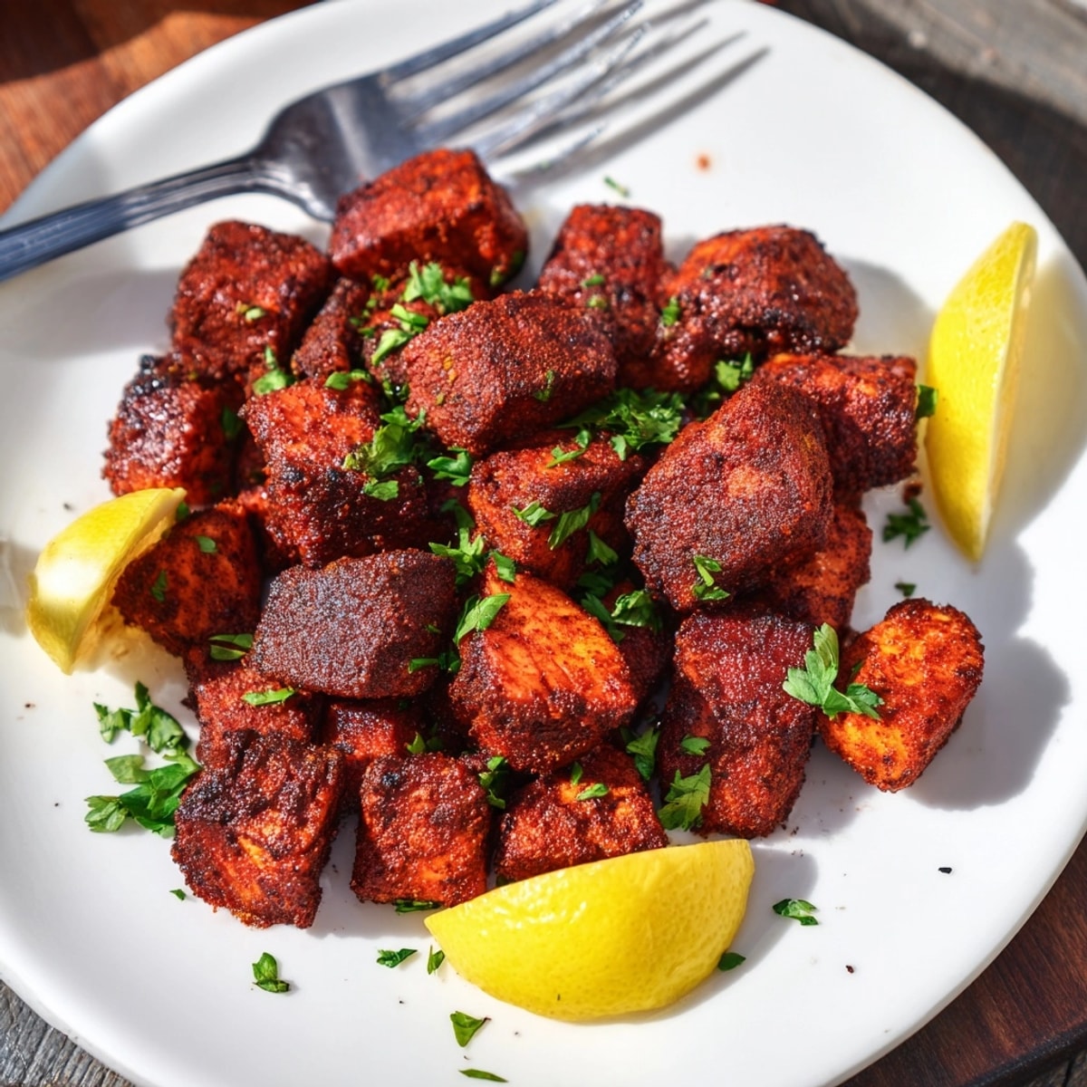 Succulent, blackened Cajun Salmon Bites, featuring herbs, spices, and lemon garnish.