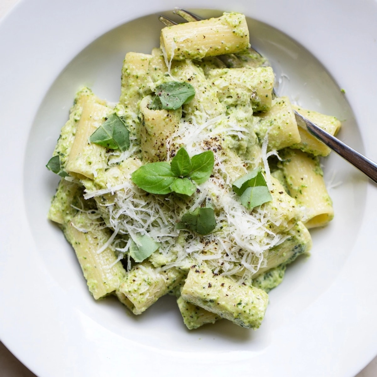 Creamy Ricotta Spinach Pesto Pasta: A close-up reveals vibrant green herbs and al dente penne.