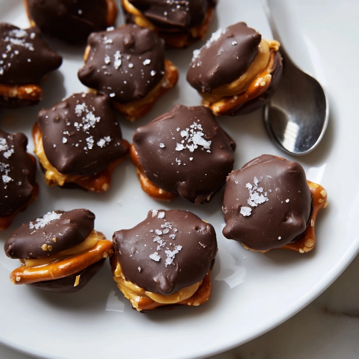 Close up reveals flaky sea salt on Peanut Butter Salted Pretzel Bites cooling on parchment paper.