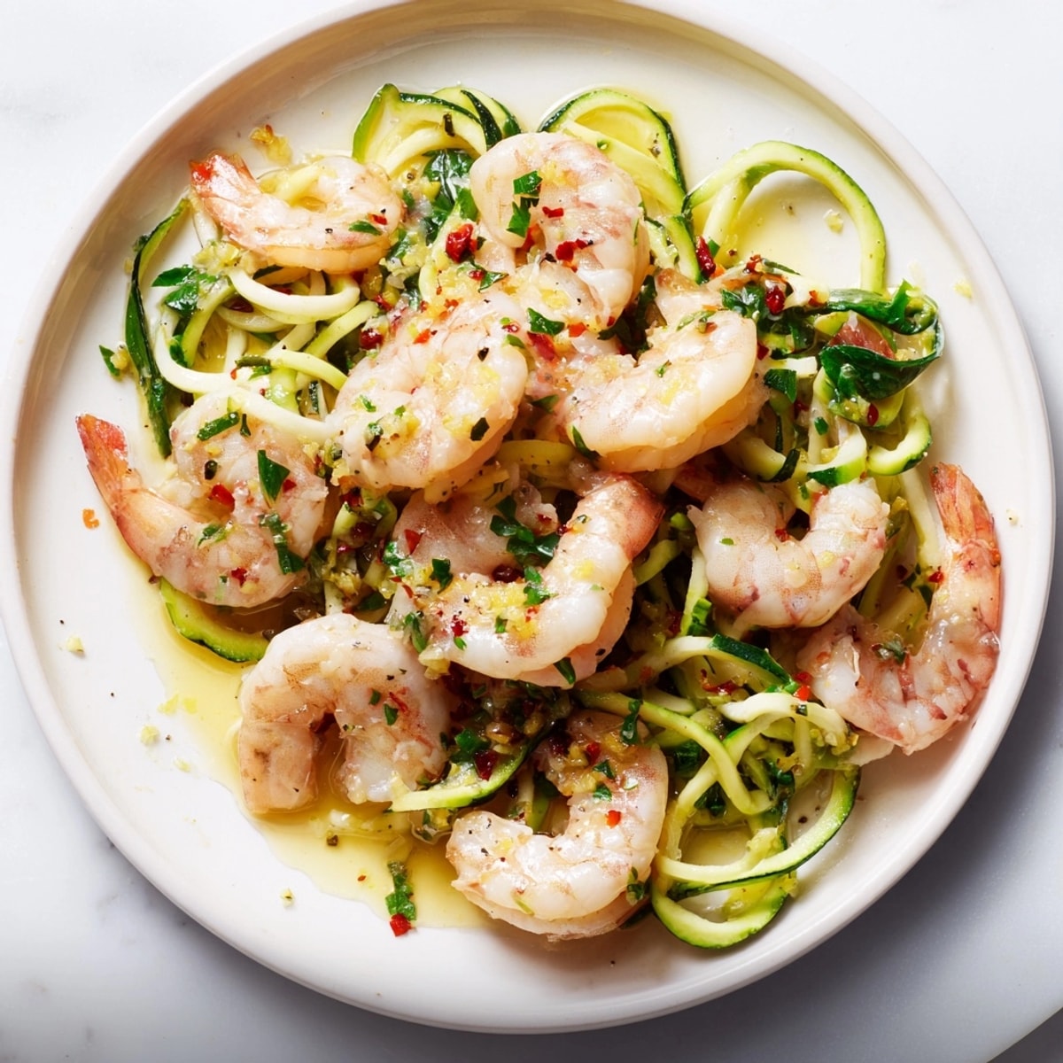 Golden shrimp tossed with bright Shrimp Scampi Zucchini Noodles, a quick and healthy meal.