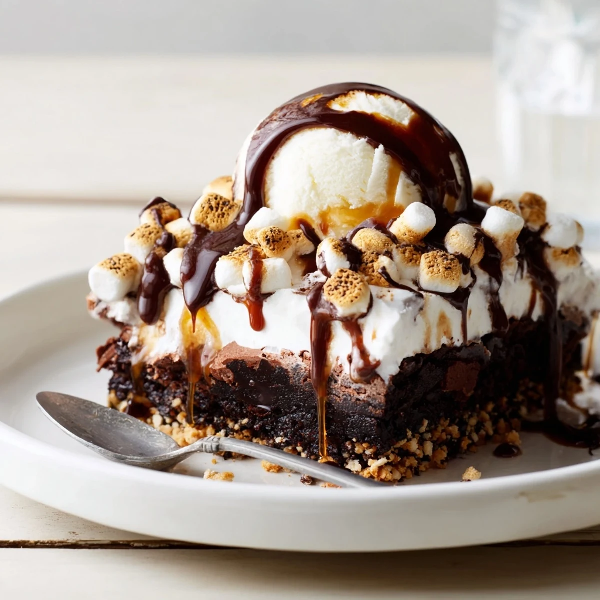 Decadent S’mores Soda Float Brownies topped with toasted marshmallows and ice cream.  