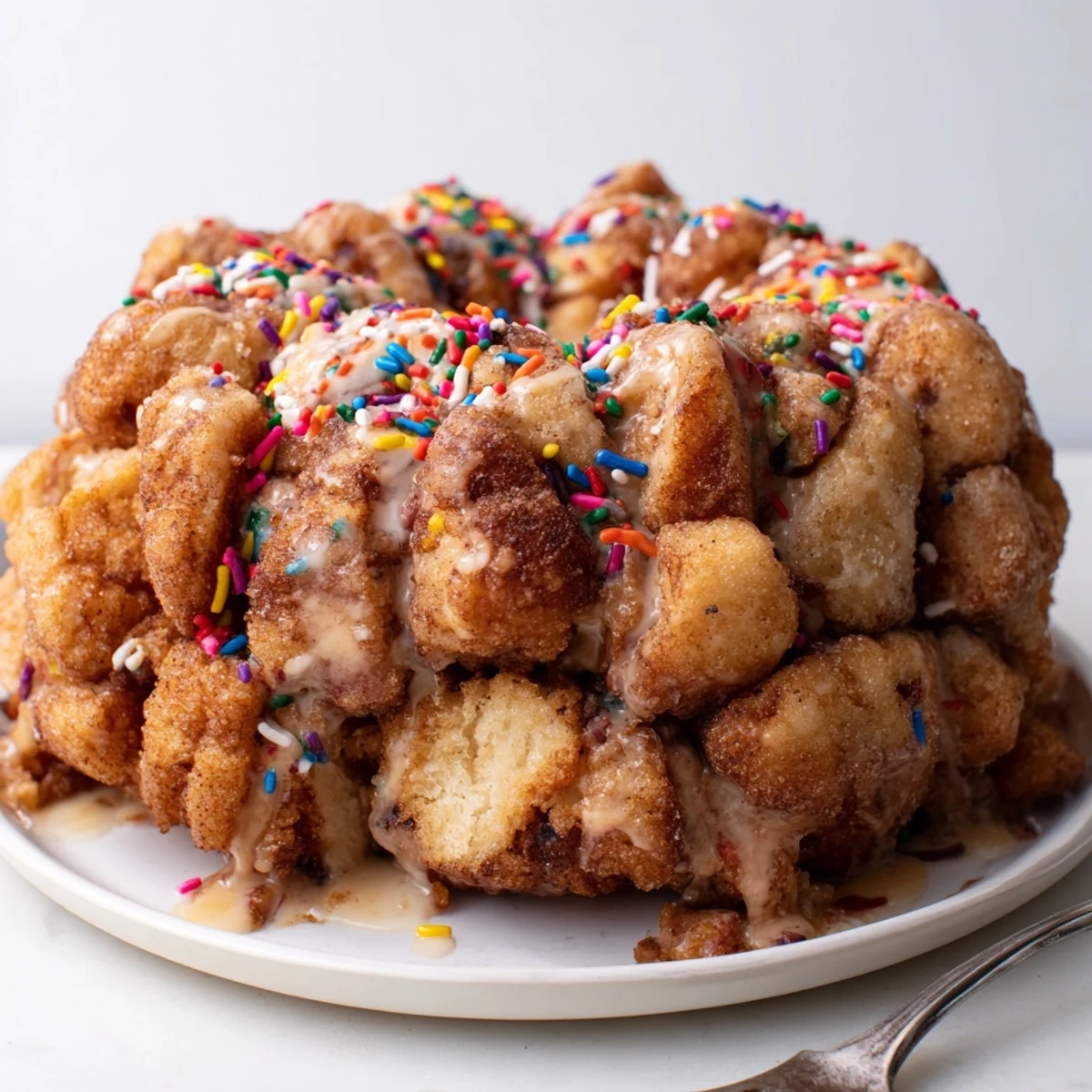 Colorful Funfetti coffee cake monkey bread drizzled with sweet vanilla glaze and sprinkles.  