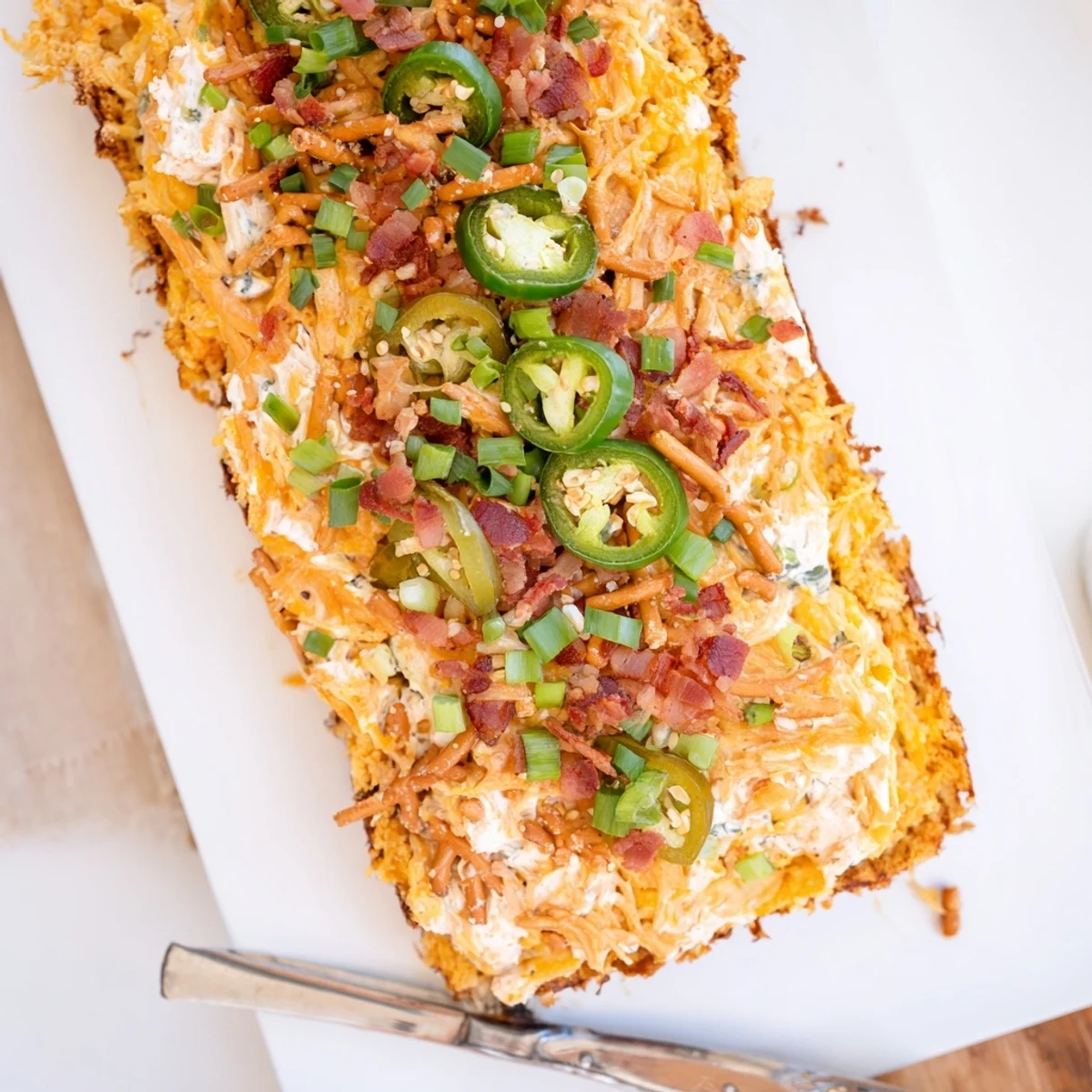 Loaded Jalapeño Pretzel Sheet Cake topped with crispy bacon and creamy cheese deliciously tempts the taste buds.  