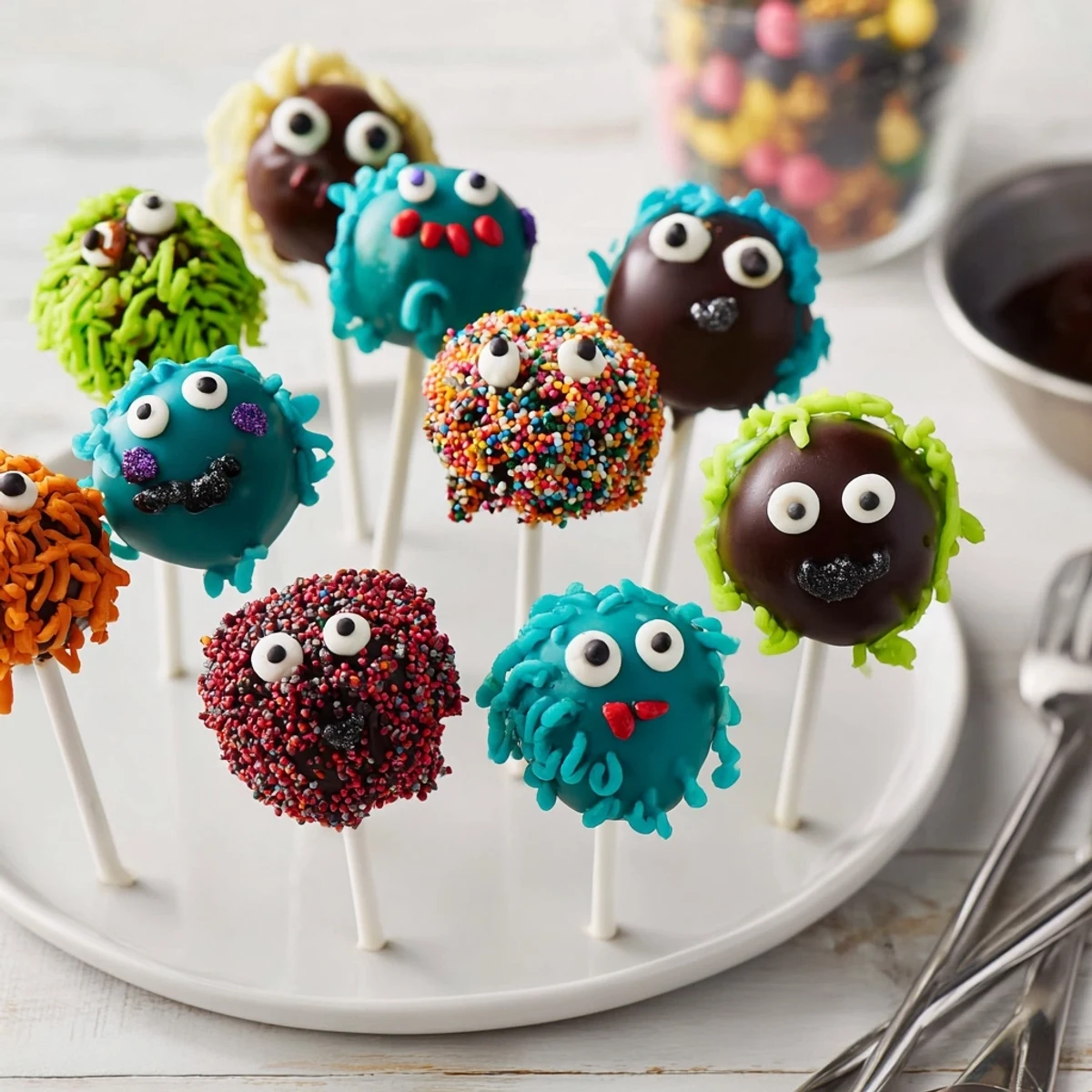 Decadent salted caramel-filled cake pops shaped like friendly monsters, coated in colorful chocolate.