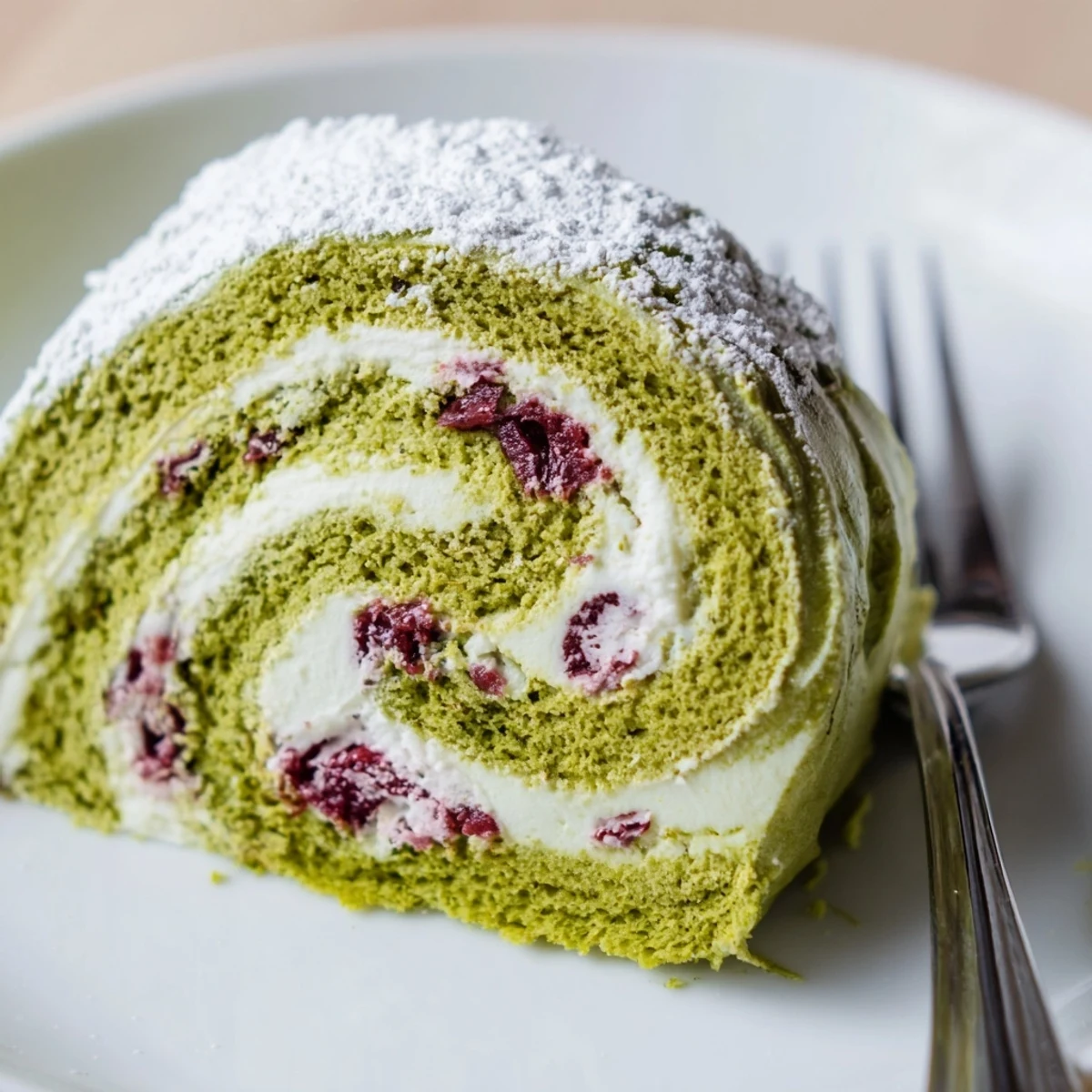 Light and airy matcha Swiss roll filled with tangy cranberry cream, perfect for dessert.  